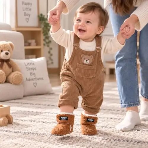 KIDSUN Infant Baby Boy Girl Cozy Fleece Bootie Newborn Stay On Slipper Winter Warm Gripper Non-Slip Crib Shoes - KIDSUN (1)