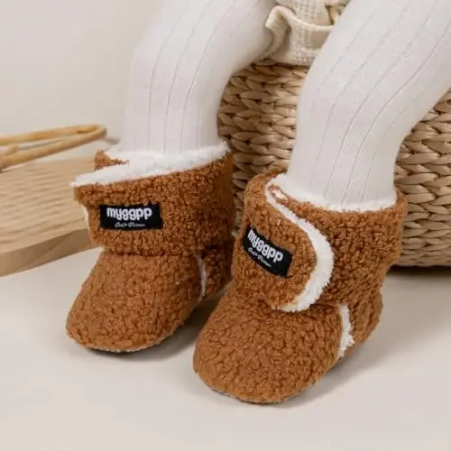 KIDSUN Infant Baby Boy Girl Cozy Fleece Bootie Newborn Stay On Slipper Winter Warm Gripper Non-Slip Crib Shoes - 3