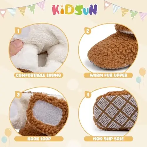 KIDSUN Infant Baby Boy Girl Cozy Fleece Bootie Newborn Stay On Slipper Winter Warm Gripper Non-Slip Crib Shoes - 6