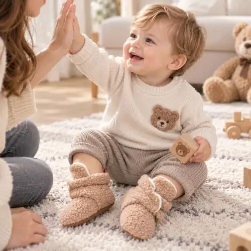 KIDSUN Infant Baby Boy Girl Cozy Fleece Bootie Newborn Stay On Slipper Winter Warm Gripper Non-Slip Crib Shoes - 6