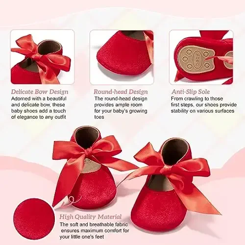 KIDSUN Infant Baby Girls Mary Jane Shoes Non-Slip Rubber Sole Ballet Slippers Princess Dress Wedding Shoes Newborn Crib Shoes First Walkers Shoes - 3