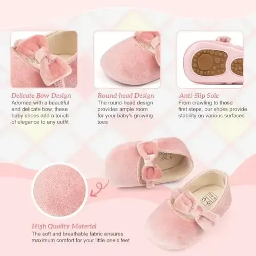 KIDSUN Infant Baby Girls Mary Jane Shoes Non-Slip Rubber Sole Ballet Slippers Princess Dress Wedding Shoes Newborn Crib Shoes First Walkers Shoes - 3