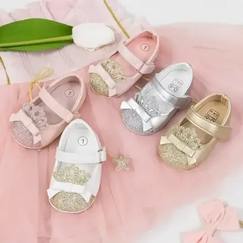 KIDSUN Infant Baby Girls Mary Jane Shoes Non-Slip Rubber Sole Ballet Slippers Princess Dress Wedding Shoes Newborn Crib Shoes First Walkers Shoes - 2