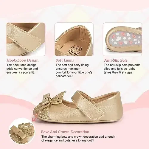 KIDSUN Infant Baby Girls Mary Jane Shoes Non-Slip Rubber Sole Ballet Slippers Princess Dress Wedding Shoes Newborn Crib Shoes First Walkers Shoes - 3