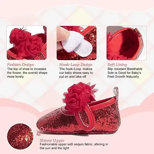 KIDSUN Infant Baby Girls Mary Jane Shoes Non-Slip Rubber Sole Ballet Slippers Princess Dress Wedding Shoes Newborn Crib Shoes First Walkers Shoes - 3