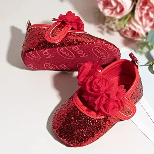 KIDSUN Infant Baby Girls Mary Jane Shoes Non-Slip Rubber Sole Ballet Slippers Princess Dress Wedding Shoes Newborn Crib Shoes First Walkers Shoes - 5