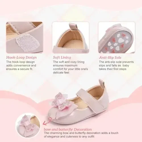 KIDSUN Infant Baby Girls Mary Jane Shoes Non-Slip Rubber Sole Ballet Slippers Princess Dress Wedding Shoes Newborn Crib Shoes First Walkers Shoes - 3