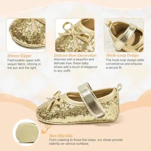 KIDSUN Infant Baby Girls Mary Jane Shoes Non-Slip Rubber Sole Ballet Slippers Princess Dress Wedding Shoes Newborn Crib Shoes First Walkers Shoes - 3