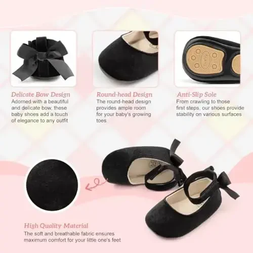 KIDSUN Infant Baby Girls Mary Jane Shoes Non-Slip Rubber Sole Ballet Slippers Princess Dress Wedding Shoes Newborn Crib Shoes First Walkers Shoes - 3