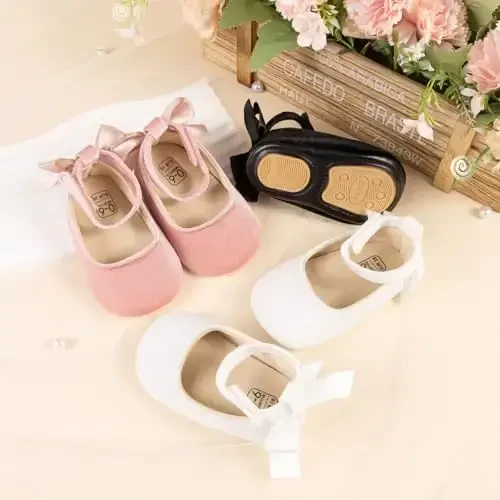 KIDSUN Infant Baby Girls Mary Jane Shoes Non-Slip Rubber Sole Ballet Slippers Princess Dress Wedding Shoes Newborn Crib Shoes First Walkers Shoes - KIDSUN (1)