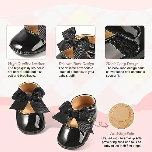 KIDSUN Infant Baby Girls Mary Jane Shoes Non-Slip Rubber Sole Ballet Slippers Princess Dress Wedding Shoes Newborn Crib Shoes First Walkers Shoes - 3
