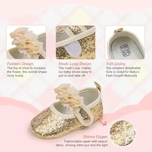 KIDSUN Infant Baby Girls Mary Jane Shoes Non-Slip Rubber Sole Ballet Slippers Princess Dress Wedding Shoes Newborn Crib Shoes First Walkers Shoes - 3