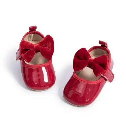KIDSUN Infant Baby Girls Mary Jane Shoes Non-Slip Rubber Sole Ballet Slippers Princess Dress Wedding Shoes Newborn Crib Shoes First Walkers Shoes - KIDSUN