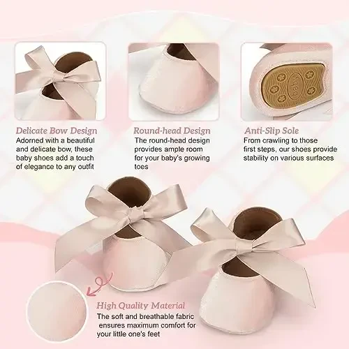 KIDSUN Infant Baby Girls Mary Jane Shoes Non-Slip Rubber Sole Ballet Slippers Princess Dress Wedding Shoes Newborn Crib Shoes First Walkers Shoes - 3