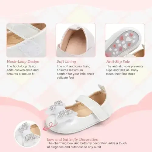 KIDSUN Infant Baby Girls Mary Jane Shoes Non-Slip Rubber Sole Ballet Slippers Princess Dress Wedding Shoes Newborn Crib Shoes First Walkers Shoes - 3