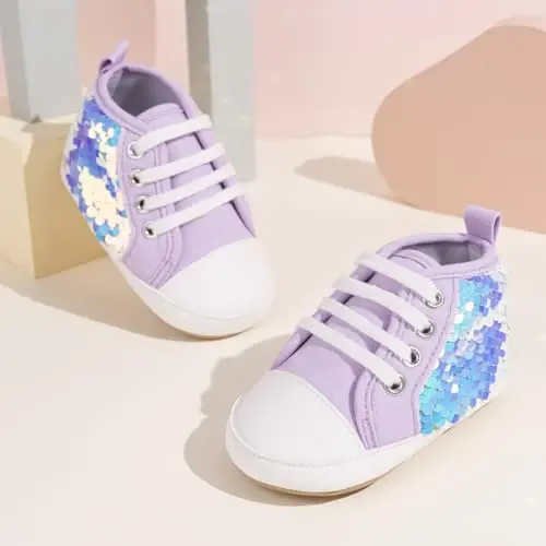 KIDSUN Unisex Baby Boys Girls High Top Sneaker Soft Anti-Slip Sole Newborn Infant First Walkers Canvas Denim Shoes - 3