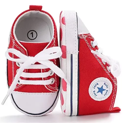 KIDSUN Unisex Baby Boys Girls High Top Sneaker Soft Anti-Slip Sole Newborn Infant First Walkers Canvas Denim Shoes - 1