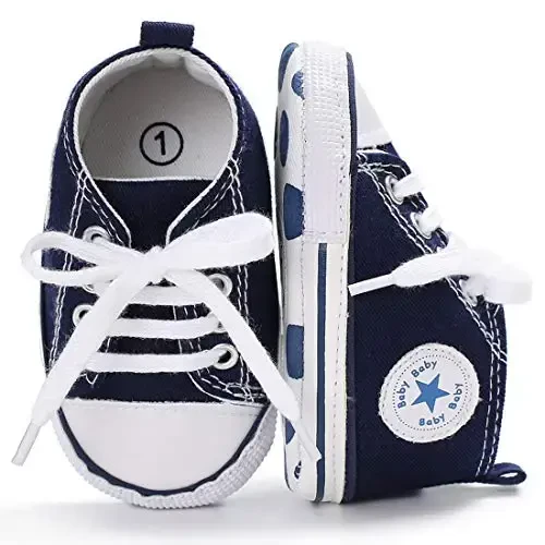 KIDSUN Unisex Baby Boys Girls High Top Sneaker Soft Anti-Slip Sole Newborn Infant First Walkers Canvas Denim Shoes - 4