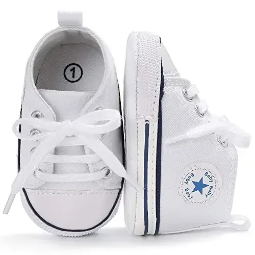 KIDSUN Unisex Baby Boys Girls High Top Sneaker Soft Anti-Slip Sole Newborn Infant First Walkers Canvas Denim Shoes - 5
