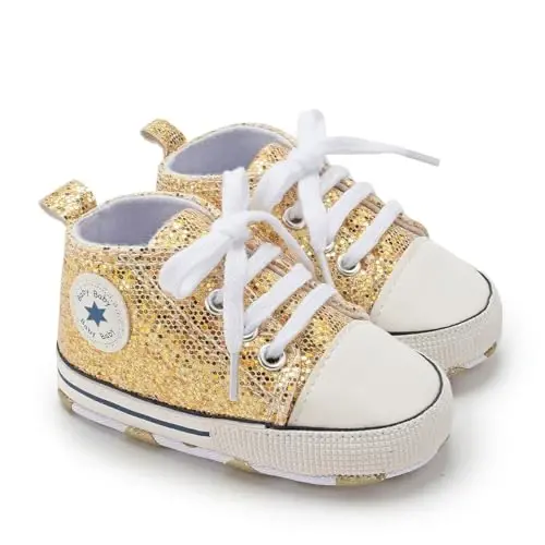 KIDSUN Unisex Baby Boys Girls High Top Sneaker Soft Anti-Slip Sole Newborn Infant First Walkers Canvas Denim Shoes - 5