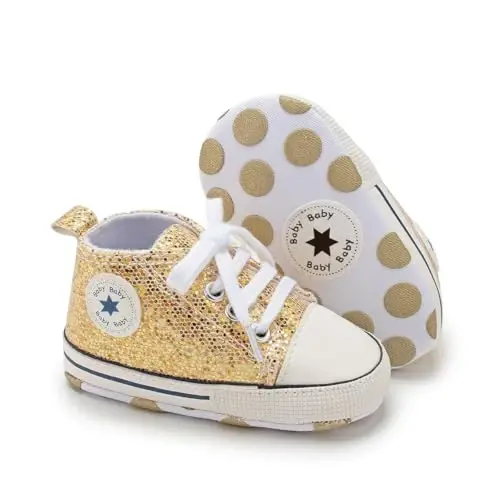 KIDSUN Unisex Baby Boys Girls High Top Sneaker Soft Anti-Slip Sole Newborn Infant First Walkers Canvas Denim Shoes - 1