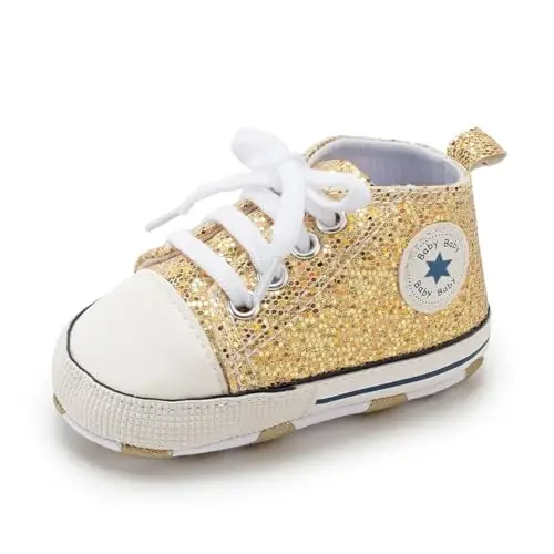 KIDSUN Unisex Baby Boys Girls High Top Sneaker Soft Anti-Slip Sole Newborn Infant First Walkers Canvas Denim Shoes - 6