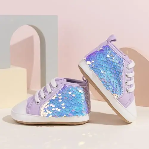 KIDSUN Unisex Baby Boys Girls High Top Sneaker Soft Anti-Slip Sole Newborn Infant First Walkers Canvas Denim Shoes - 4