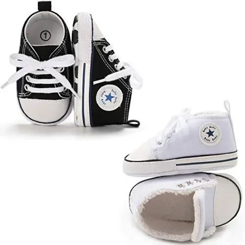 KIDSUN Unisex Baby Boys Girls High Top Sneaker Soft Anti-Slip Sole Newborn Infant First Walkers Canvas Denim Shoes - 1