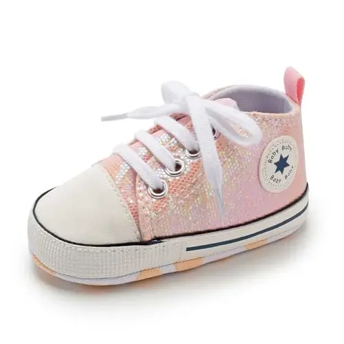 KIDSUN Unisex Baby Boys Girls High Top Sneaker Soft Anti-Slip Sole Newborn Infant First Walkers Canvas Denim Shoes - 6