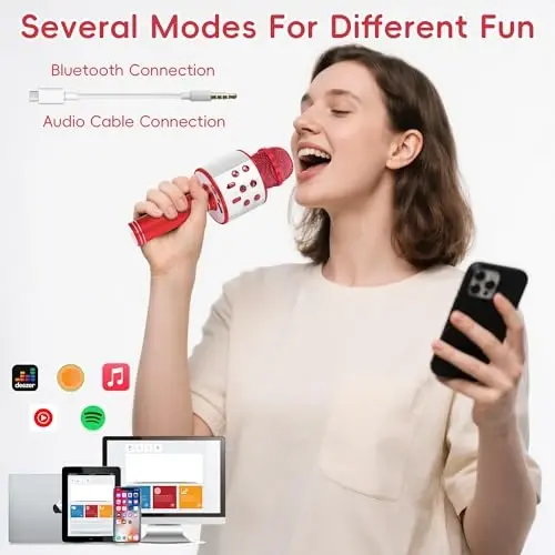 KIDWILL Беспроводной Bluetooth Караоке Микрофон для Детей, 5-в-1 Портативный Ручной Караоке Микрофон Динамик Плеер Диктофон с Регулируемым Ремиксом FM Радио для Детей Девочек Мальчиков Подростков День Рождения (Красный) - 4