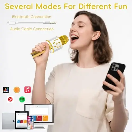KIDWILL Bolalar uchun simsiz Bluetooth Karaoke mikrofon, 5-in-1 portativ qo'lda Karaoke mikrofon dinamik pleer yozuvchisi, sozlanishi remiks FM radiosi bolalar qizlar o'g'il bolalar o'smirlar uchun tug'ilgan kun (oltin) - 4