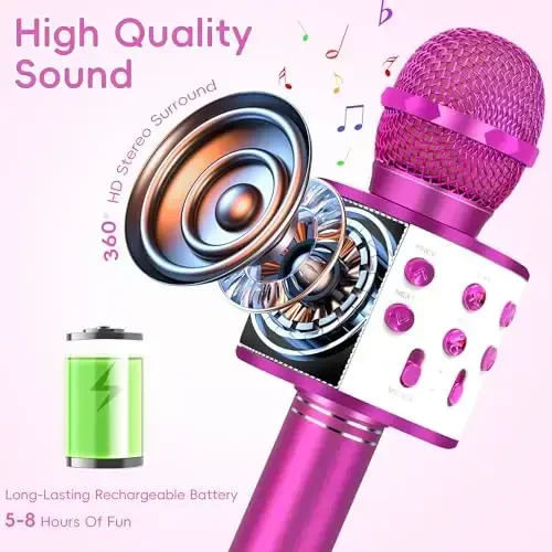 KIDWILL Bolalar uchun simsiz Bluetooth Karaoke mikrofon, 5-in-1 portativ qo'lda Karaoke mikrofon karnay pleer magnitafon, sozlanishi mumkin bo'lgan remiks FM radio bolalar qizlar o'g'il bolalar o'smirlar tug'ilgan kuni-Hot Pink - 6