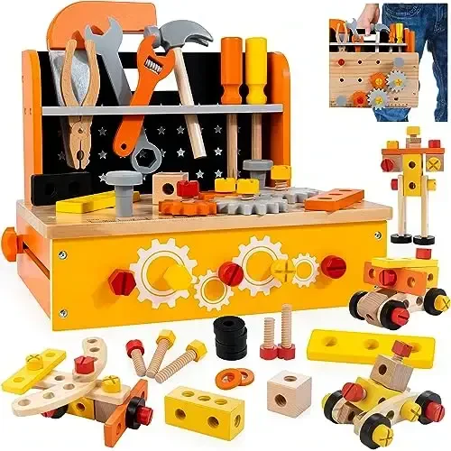 KIDWILL Wooden Tool Bench for Kids, 54-Piece Kids Tool Set with 2-in-1 Workbench & Take-Along Tool Kit, STEM Educational Toy Tools for Kids Ages 3 4 5 6 7 8 Years Old, Boy Toys 
