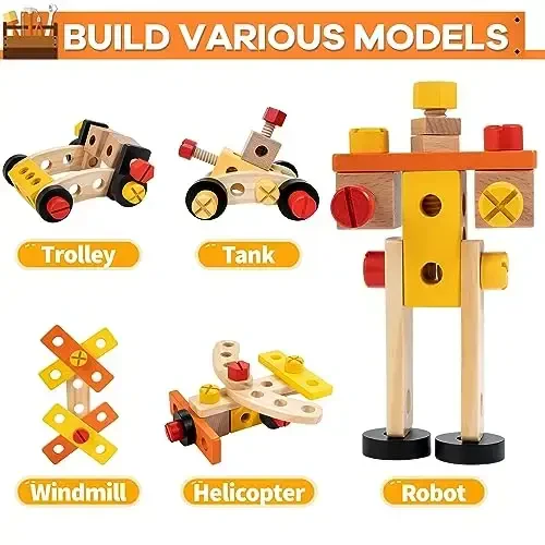 KIDWILL Wooden Tool Bench for Kids, 54-Piece Kids Tool Set with 2-in-1 Workbench & Take-Along Tool Kit, STEM Educational Toy Tools for Kids Ages 3 4 5 6 7 8 Years Old, Boy Toys - 4