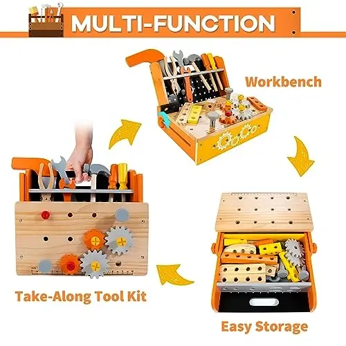 KIDWILL Wooden Tool Bench for Kids, 54-Piece Kids Tool Set with 2-in-1 Workbench & Take-Along Tool Kit, STEM Educational Toy Tools for Kids Ages 3 4 5 6 7 8 Years Old, Boy Toys - KIDWILL (1)