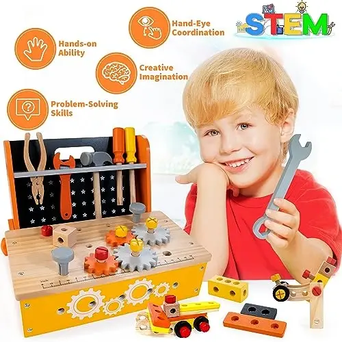 KIDWILL Wooden Tool Bench for Kids, 54-Piece Kids Tool Set with 2-in-1 Workbench & Take-Along Tool Kit, STEM Educational Toy Tools for Kids Ages 3 4 5 6 7 8 Years Old, Boy Toys - 5