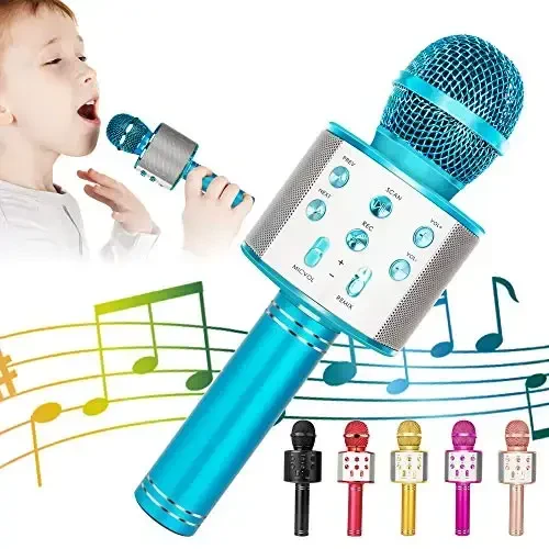KIDWILL Wireless Bluetooth Karaoke Microphone for Kids, 5-in-1 Portable Handheld Karaoke Mic Speaker Player Recorder with Adjustable Remix FM Radio for Kids Girls Boys Teens Birthday (858-Blue) - 6