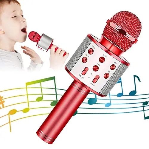 KIDWILL Wireless Bluetooth Karaoke Microphone for Kids, 5-in-1 Portable Handheld Karaoke Mic Speaker Player Recorder with Adjustable Remix FM Radio for Kids Girls Boys Teens Birthday (Red) 
