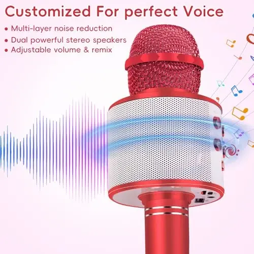 KIDWILL Wireless Bluetooth Karaoke Microphone for Kids, 5-in-1 Portable Handheld Karaoke Mic Speaker Player Recorder with Adjustable Remix FM Radio for Kids Girls Boys Teens Birthday (Red) - 2