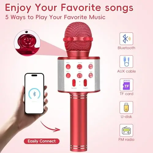 KIDWILL Wireless Bluetooth Karaoke Microphone for Kids, 5-in-1 Portable Handheld Karaoke Mic Speaker Player Recorder with Adjustable Remix FM Radio for Kids Girls Boys Teens Birthday (Red) - 3