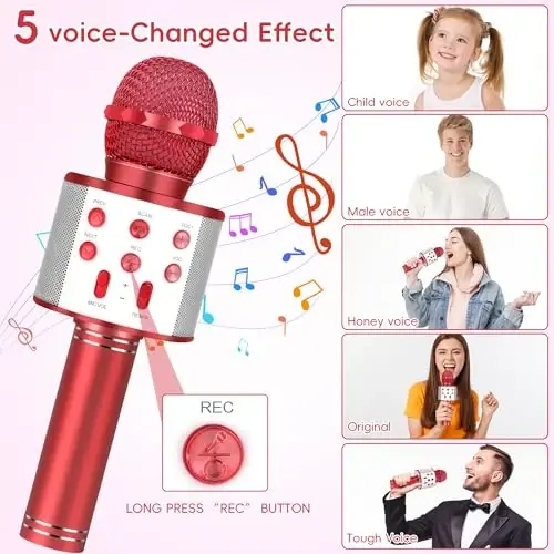 KIDWILL Wireless Bluetooth Karaoke Microphone for Kids, 5-in-1 Portable Handheld Karaoke Mic Speaker Player Recorder with Adjustable Remix FM Radio for Kids Girls Boys Teens Birthday (Red) - 5