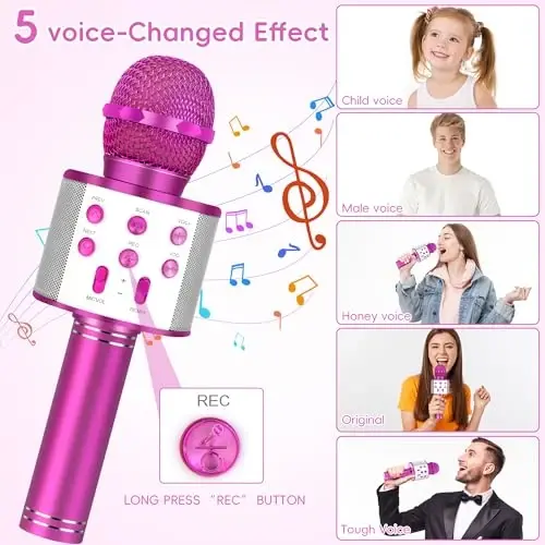 KIDWILL Wireless Bluetooth Karaoke Microphone for Kids, 5-in-1 Portable Handheld Karaoke Mic Speaker Player Recorder with Adjustable Remix FM Radio for Kids Girls Boys Teens Birthday-Hot Pink - 5