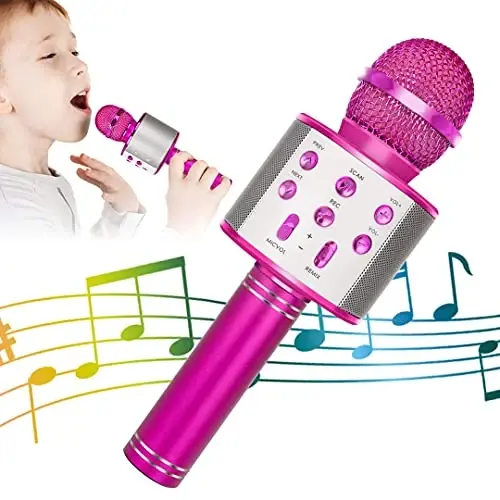 KIDWILL Wireless Bluetooth Karaoke Microphone for Kids, 5-in-1 Portable Handheld Karaoke Mic Speaker Player Recorder with Adjustable Remix FM Radio for Kids Girls Boys Teens Birthday-Hot Pink - 1