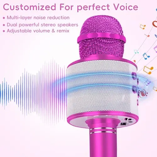 KIDWILL Wireless Bluetooth Karaoke Microphone for Kids, 5-in-1 Portable Handheld Karaoke Mic Speaker Player Recorder with Adjustable Remix FM Radio for Kids Girls Boys Teens Birthday-Hot Pink - 2