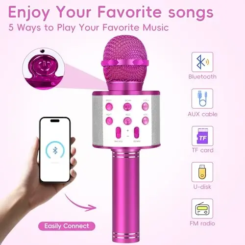 KIDWILL Wireless Bluetooth Karaoke Microphone for Kids, 5-in-1 Portable Handheld Karaoke Mic Speaker Player Recorder with Adjustable Remix FM Radio for Kids Girls Boys Teens Birthday-Hot Pink - 3