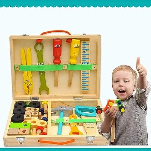 KIDWILL Tool Kit for Kids, Wooden Toddler Tools Set Including Tool Box & DIY Stickers, Montessori Educational STEM Construction Toys for 3 4 5 6 7 Years Old Boys Girls, Best Birthday Gift for Kids - KIDWILL