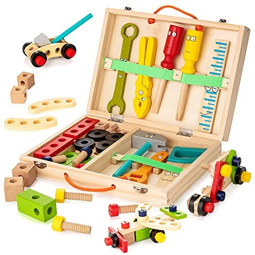 KIDWILL Tool Kit for Kids, Wooden Toddler Tools Set Including Tool Box & DIY Stickers, Montessori Educational STEM Construction Toys for 3 4 5 6 7 Years Old Boys Girls, Best Birthday Gift for Kids - KIDWILL (1)