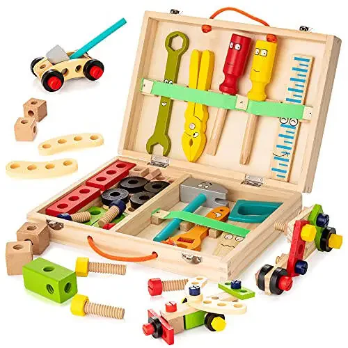 KIDWILL Tool Kit for Kids, Wooden Toddler Tools Set Including Tool Box & DIY Stickers, Montessori Educational STEM Construction Toys for 3 4 5 6 7 Years Old Boys Girls, Best Birthday Gift for Kids - 2