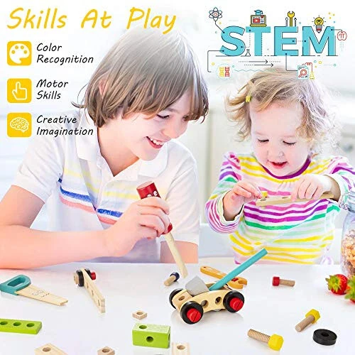 KIDWILL Tool Kit for Kids, Wooden Toddler Tools Set Including Tool Box & DIY Stickers, Montessori Educational STEM Construction Toys for 3 4 5 6 7 Years Old Boys Girls, Best Birthday Gift for Kids - 4