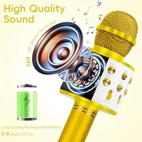 KIDWILL Wireless Bluetooth Karaoke Microphone for Kids, 5-in-1 Portable Handheld Karaoke Mic Speaker Player Recorder with Adjustable Remix FM Radio for Kids Girls Boys Teens Birthday (Gold) - 6